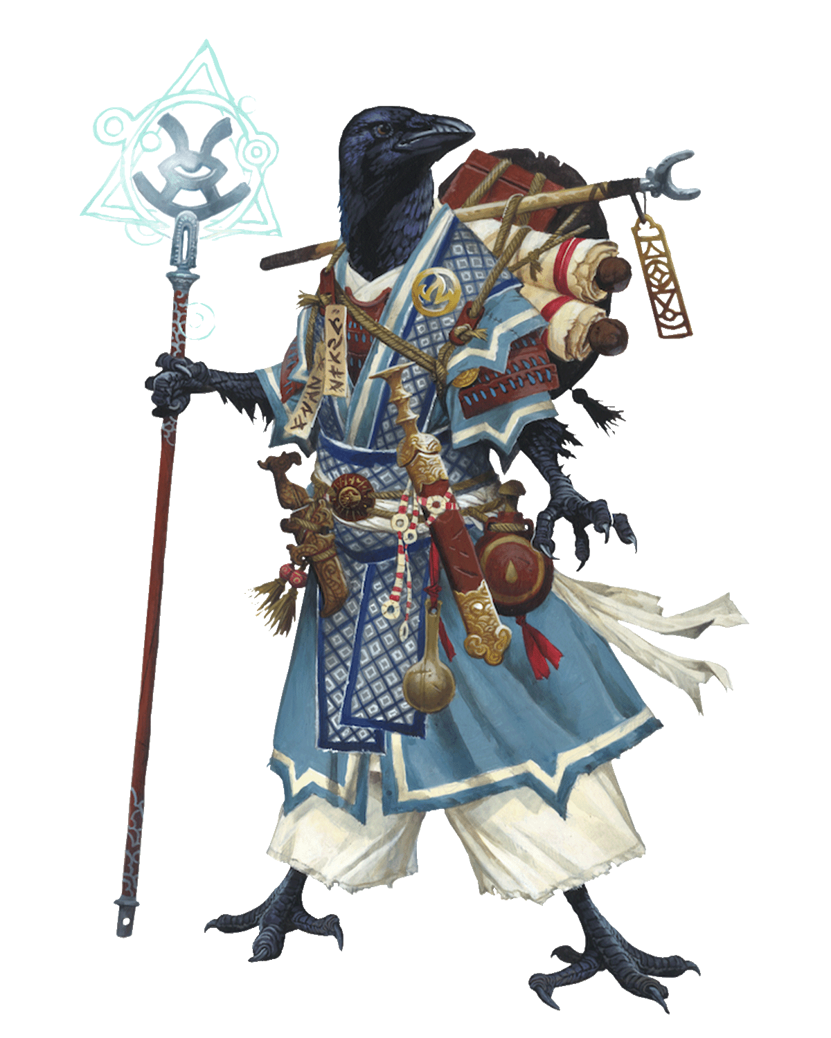 Pathfinder Second Edition Iconic Oracle, Korakai the Tengu. A bipedal crow wearing blue and white robes and holding a glowing staff.