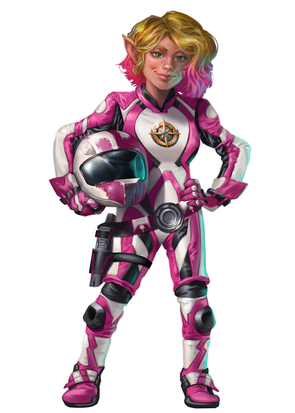 Aurora Everbright, artist Nicholas Phillips: A friendly female halfling pilot and high-speed racer holds her helmet at her side while smiling brightly.