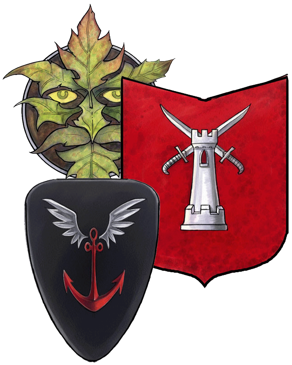 Three examples of Pathfinder Organization emblems. The top left if a leafy face of the Green Faith, the middle emblem is a red shield decorated with a silver tower of the Korvosan Guard, and the third is a black shield with a red anchor and white wings of the Sable Company
