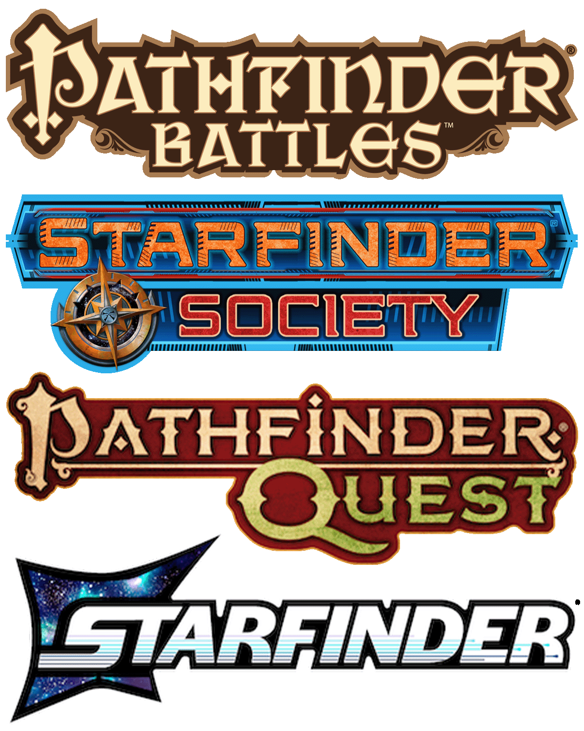 Four logos, Pathfinder Battles First Edition, Starfinder Society First Edition, Pathfinder Quest, and Starfinder Second Edition