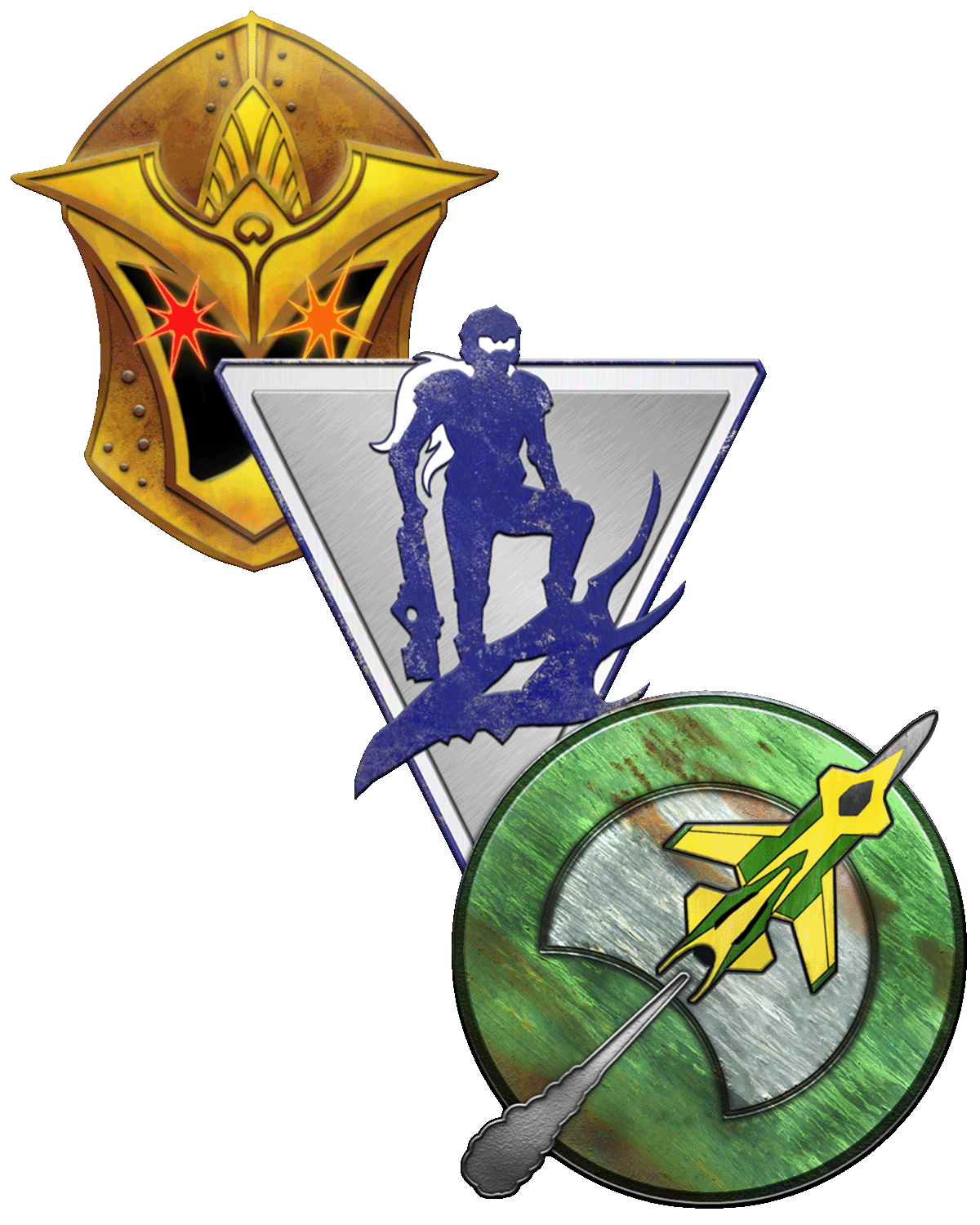 Three Starfinder Society Faction logos. The top left logo is the symbol of the Exo-Guardians, an imposing golden helmet with an open faceplate shrounded in darkness except for two glowing motes of red. The middle logo is for the Aquisitives, a blue silhouette of an adventurer superimposed over an inverted silver triangle. The logo in the bottom right corner is for the Wayfinders, it's a circular green badge depicting a yellow-and-green starship taking flight, symbol of the Wayfinders.