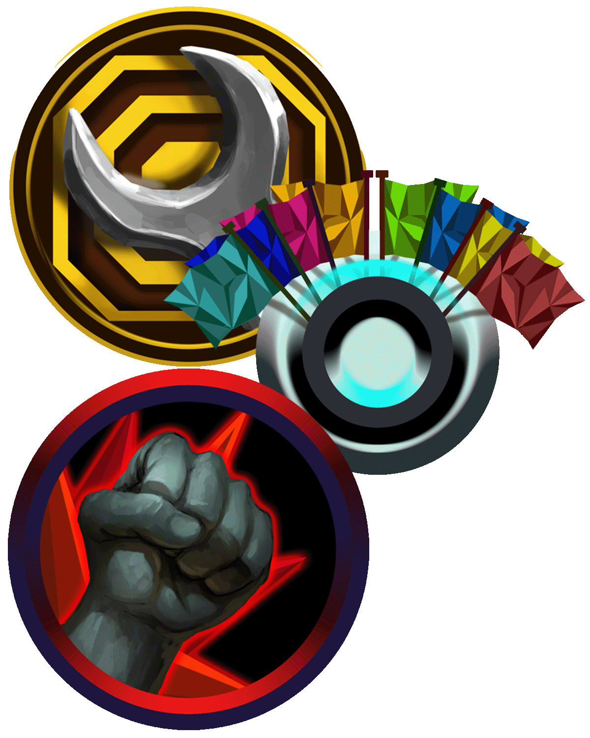 Three Starfinder first edition gameplay icons. The top left iconic is a circle with alternating yellow and brown rings going into the renter. Overlayed over the top of the rings is the emblem of a wrench. The middle icon is a dark ring with a blue glow from its center. Multiple different colored flags stick out of the top of the ring. The third icon in the bottom left corner is dark circular frame. In the center of the frame is a grey fist with a red outline.
