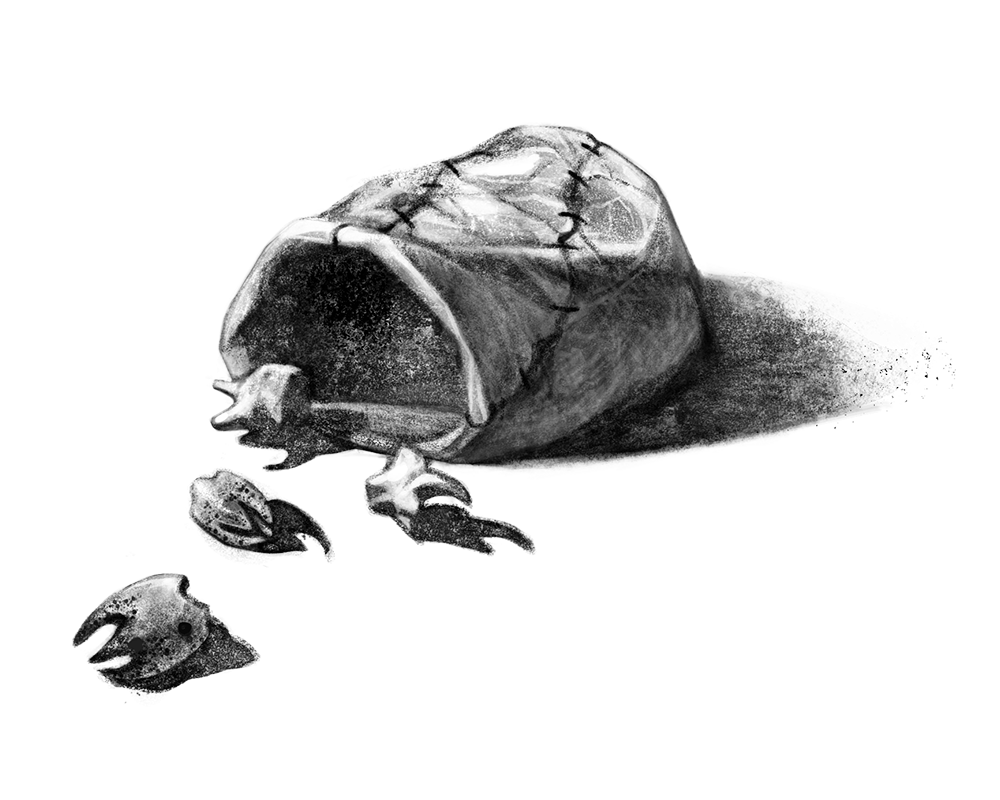  four molar teeth roll out of a worn, stitched together bag laying on its side.