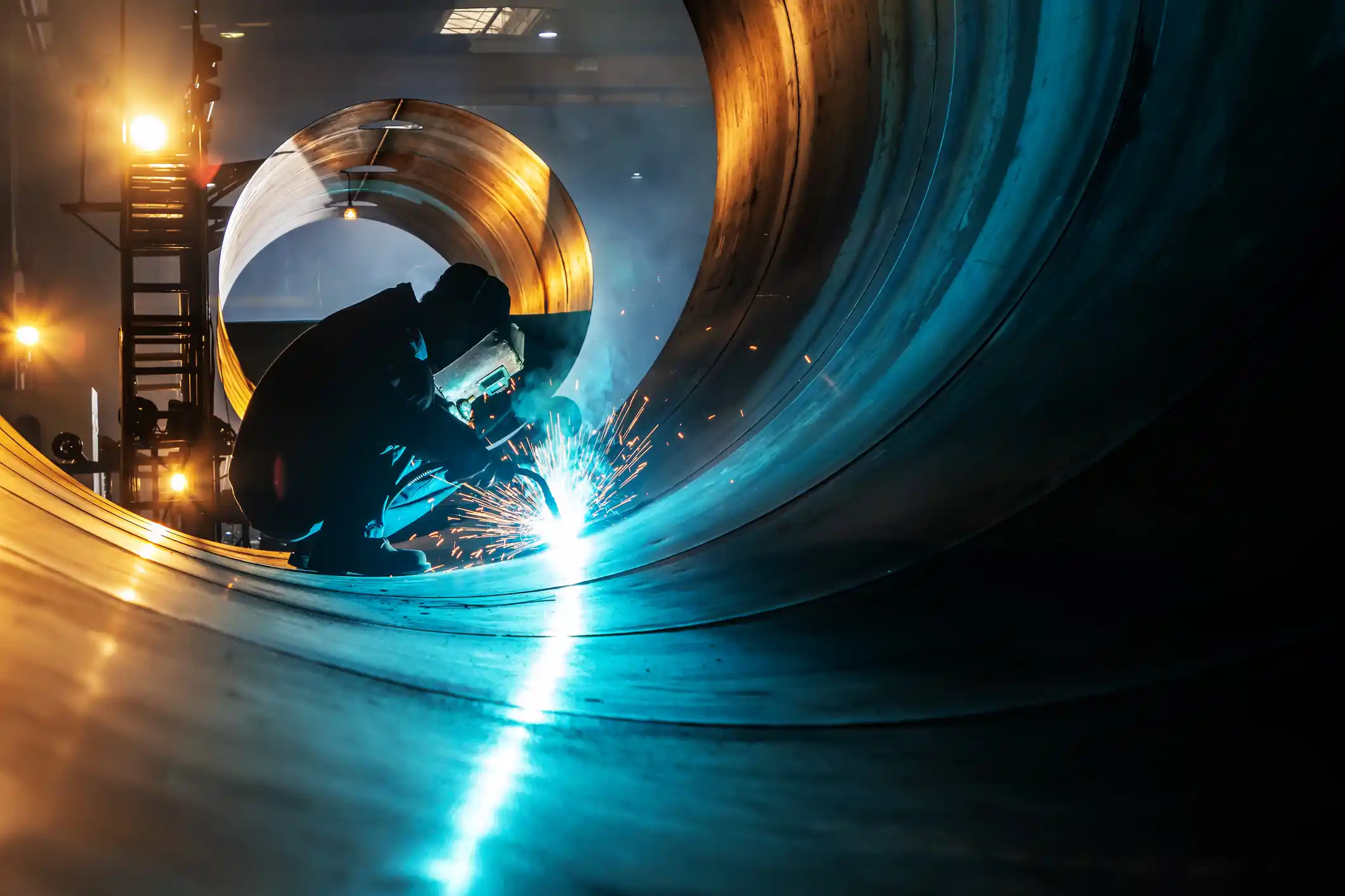 image of a welder using welding equipment, blue sparks