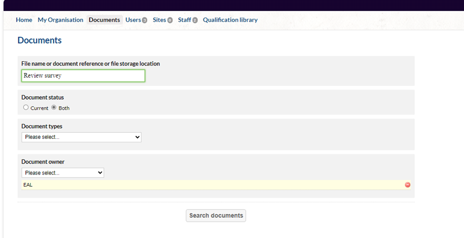EAL survey review section screenshot on the portal.