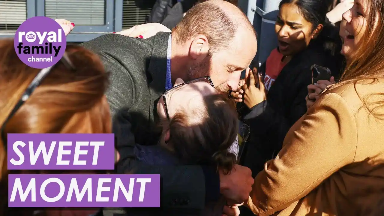 HRH Prince William hugging a visitor with caption "sweet moment"