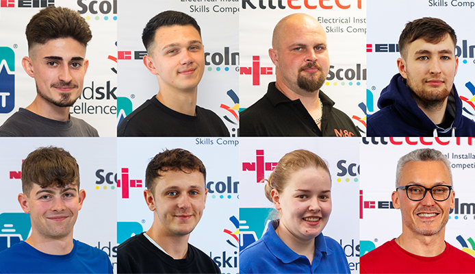 Collage of SkillELECTRIC 2024 finalists in front of branded background.