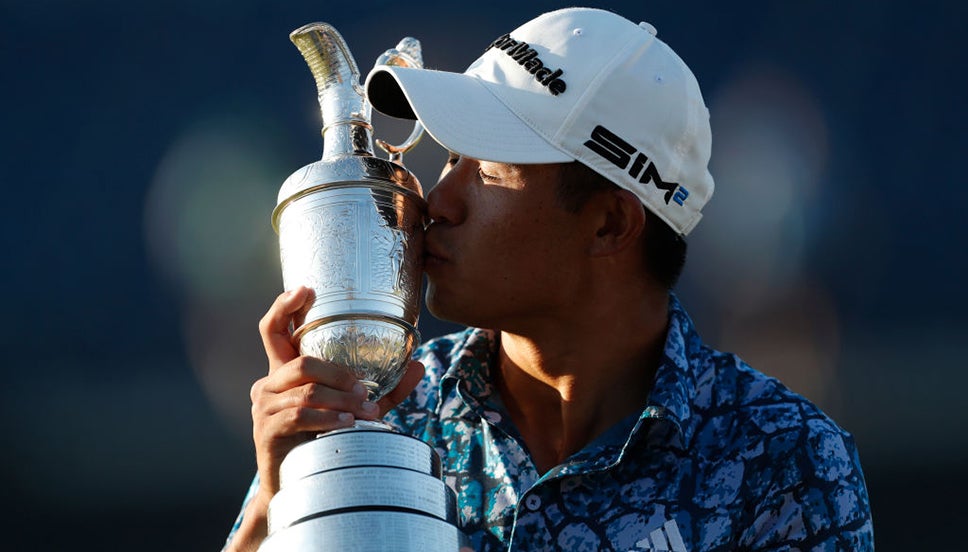 Collin Morikawa kisses the Claret Jug