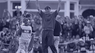 An emotional Nick Faldo celebrates his third Open win
