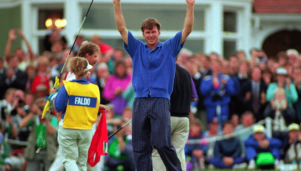 An emotional Nick Faldo celebrates his third Open triumph