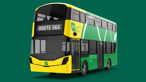 Green and yellow Bus Éireann bus on a great back ground operating a Route 365 service