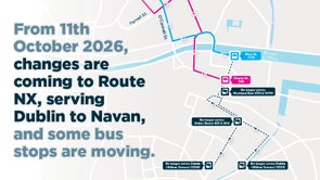 Image is of a map showing route changes on Bus Éireann NX service in Dublin