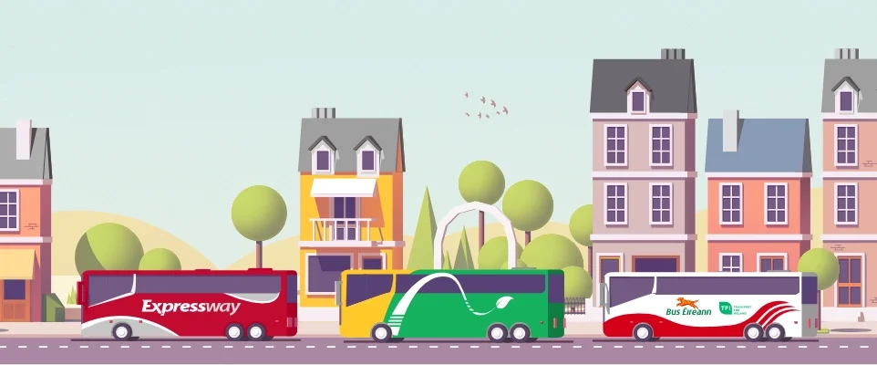 Illustration of three different Bus Éireann buses parked in front of tall houses