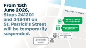 Image says stops 241201 and 243491 on St. Patrick Street moving temporarily