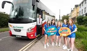 Enhanced Route 243, Newmarket to Cork. Pictured left to right in front of a Bus Éireann, red and white bus are Bus Éireann driver Tadhg Buckley with Leah Lyne, Ava Murphy, Eimear Buckley, Chloe Drumond and Sorcha Buckley from Grenagh Camogie & LGFA club.