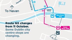Image is of a map showing route changes on Bus Éireann NX service in Dublin