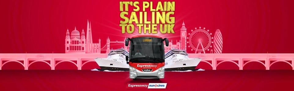 Image of an Expressway Coach in front of ships with a cartoon depicting London in the background