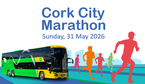 A graphic of a Bus Éireann green and yellow bus with drawings of people running.