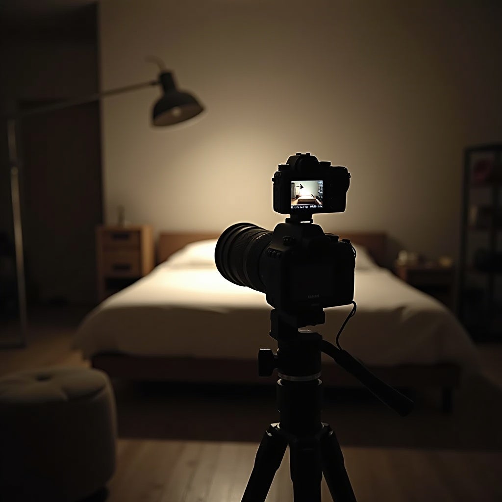 Vista detrás de cámara en estudio fotográfico, mientras captura el ambiente cálido de una habitación montada para la fotografía comercial.