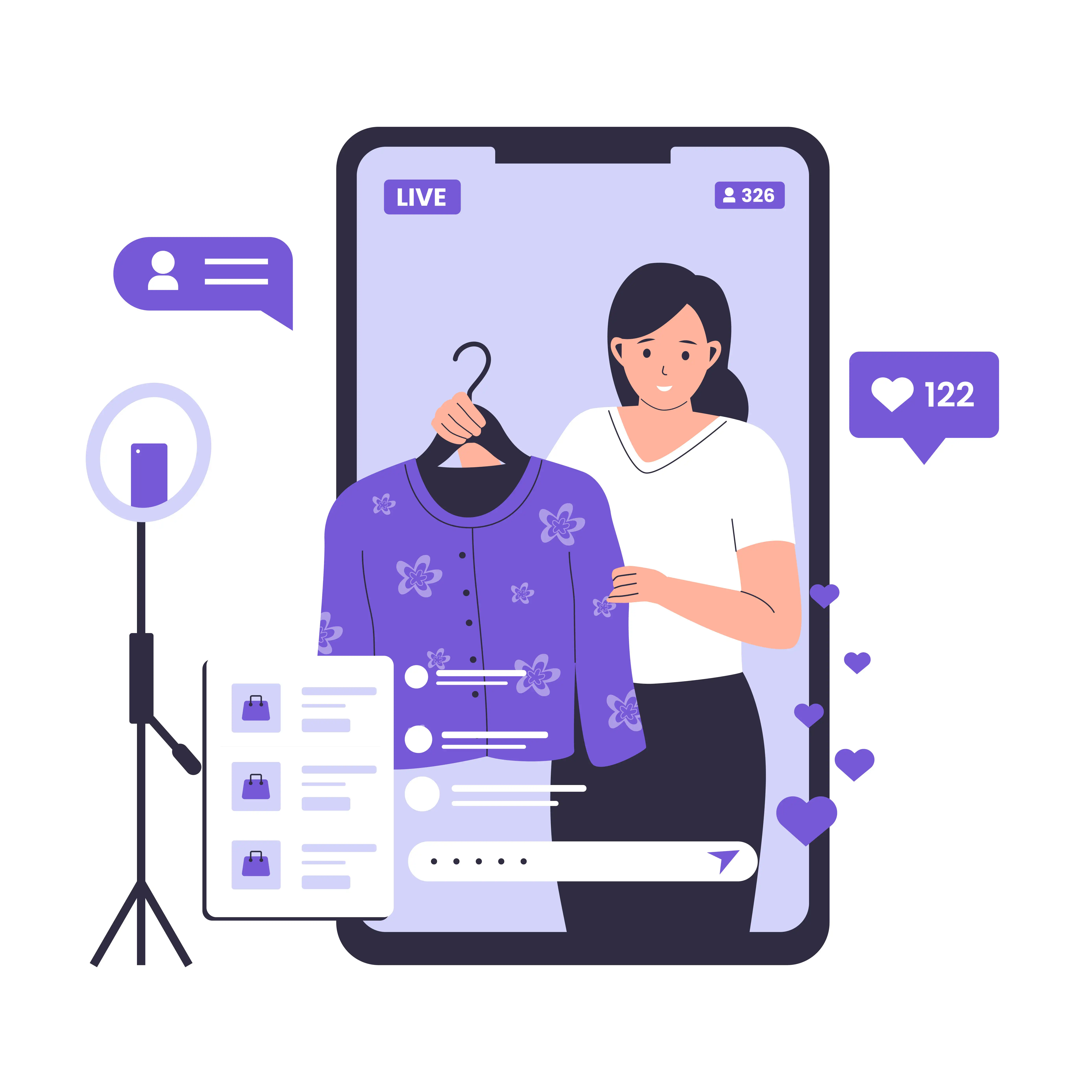 En la ilustración, creadora de contenido mostrando productos en un "live shopping", una tendencia donde los influencers muestran productos y dan sus opiniones en vivo, contestando mensajes de usuarios e interactuando en tiempo real.