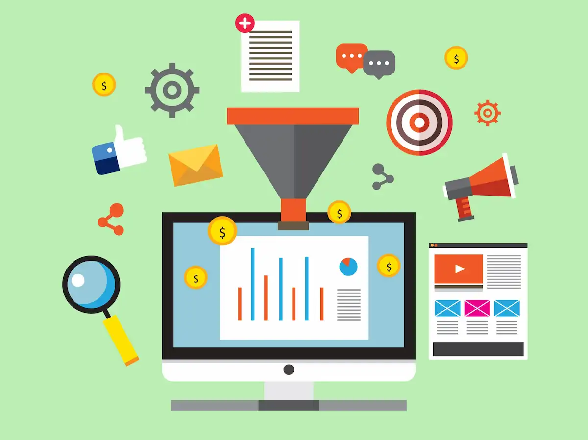 Ilustración de pantalla de PC mostrando gráficas (KPI) de performance, al rededor flotan íconos que representan campañas como de video, correo, redes sociales, entre otros.
