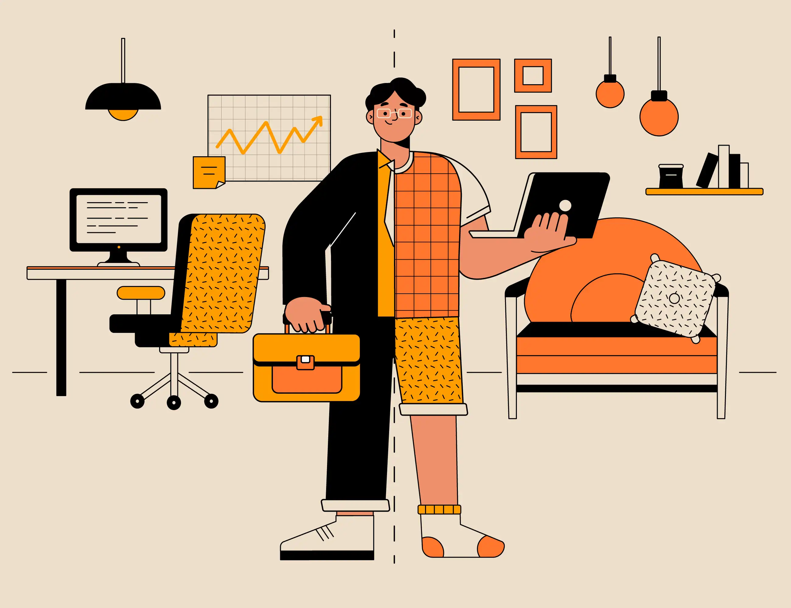 Ilustración de trabajador mostrando un paralelo entre su vida laboral y profesional en igual medida.