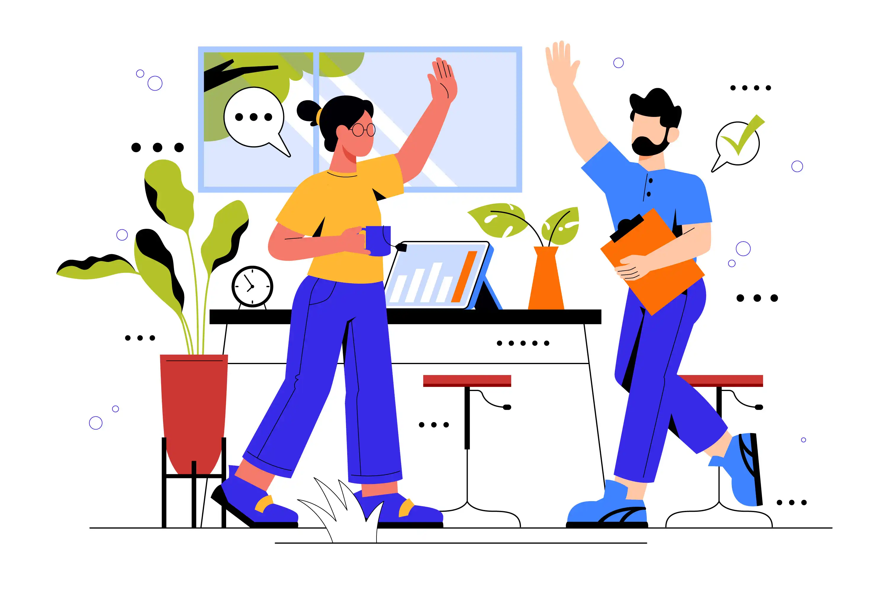 Ilustración de dos trabajadores felices "chocan los cinco" en un entorno limpio y con plantas, representando el equilibrio entre el ambiente laboral y personal.