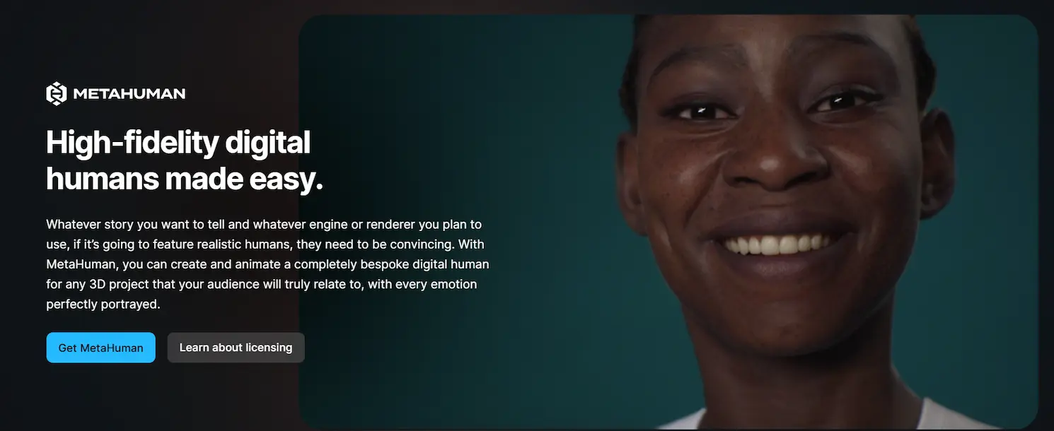 Captura de la web metahuman.com de Epic Games donde está la información oficial de este proyecto donde potencian el storytelling a través de la alta fidelidad de avatares en los videojuegos.