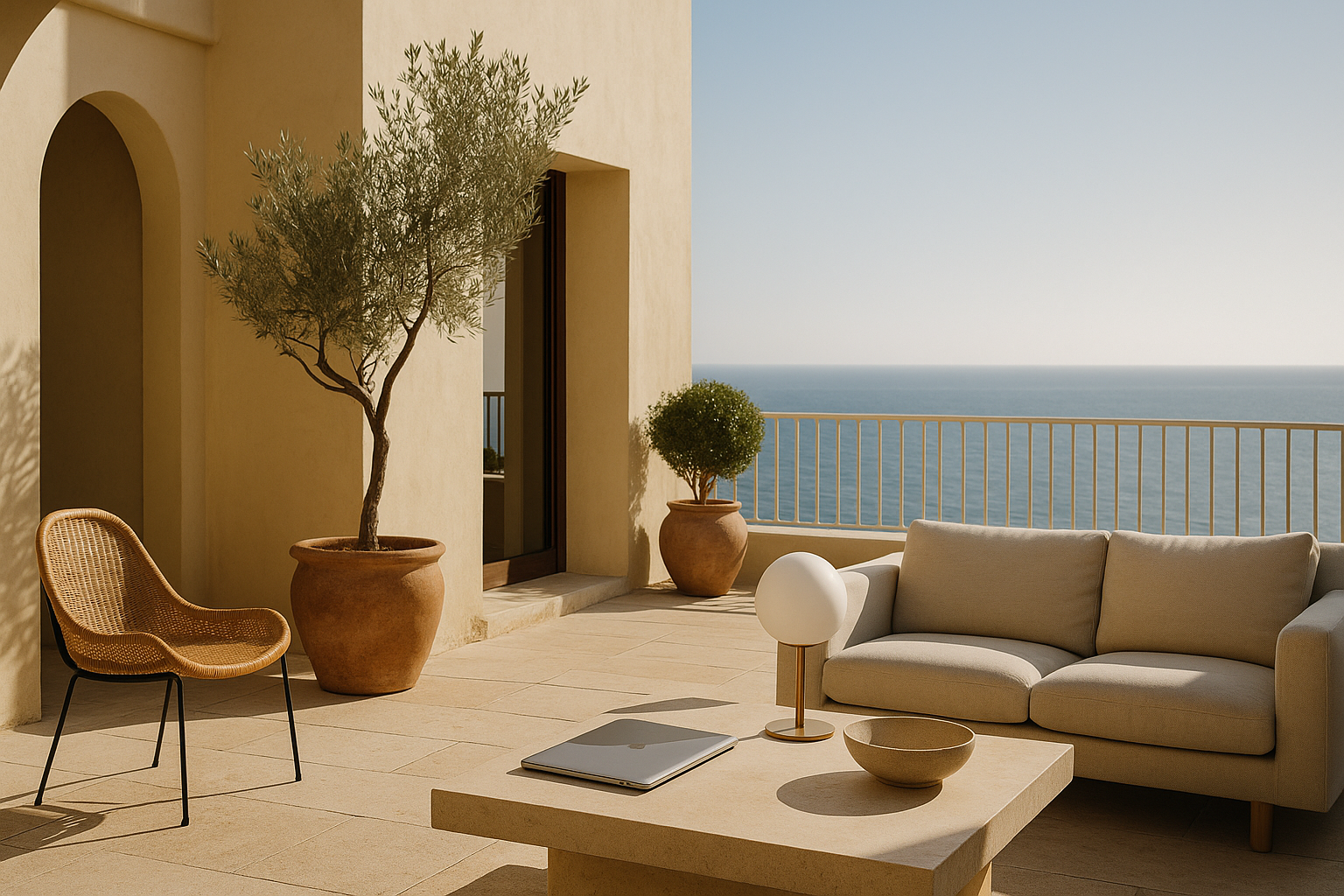 Imagen de una terraza con luz natural a la orilla del mar. Imagen representativa de Med-Luxury.