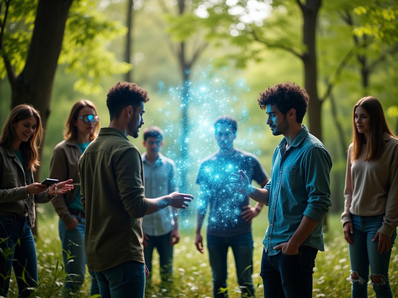 Grupo de jóvenes que participan de una experiencia inmersiva en un entorno natural, pero con un holograma en medio, representando la conexión con lo tecnológico.