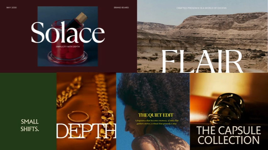 Moodboard editorial minimalista con tipografías elegantes, fotografía cinematográfica y estética de lujo silencioso aplicada al diseño para redes sociales.