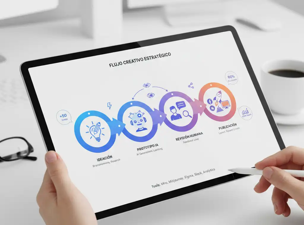 Persona estandarizando en una tablet el “flujo creativo” por etapas (ideación → prototipo IA → revisión humana → publicación), con iconos de herramientas y métricas. Imagen creada con IA.