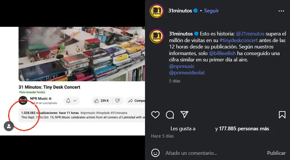 Captura de post de Instagram de la cuenta oficial de 31 minutos reconociendo el récord de superar a Billie Eilish en vistas dentro de las primeras 11 horas.