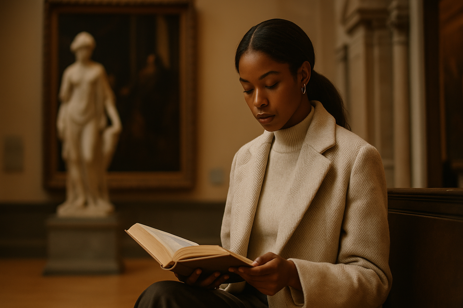 Mujer leyendo un libro al interior de un museo. Imagen representativa de Culturality.