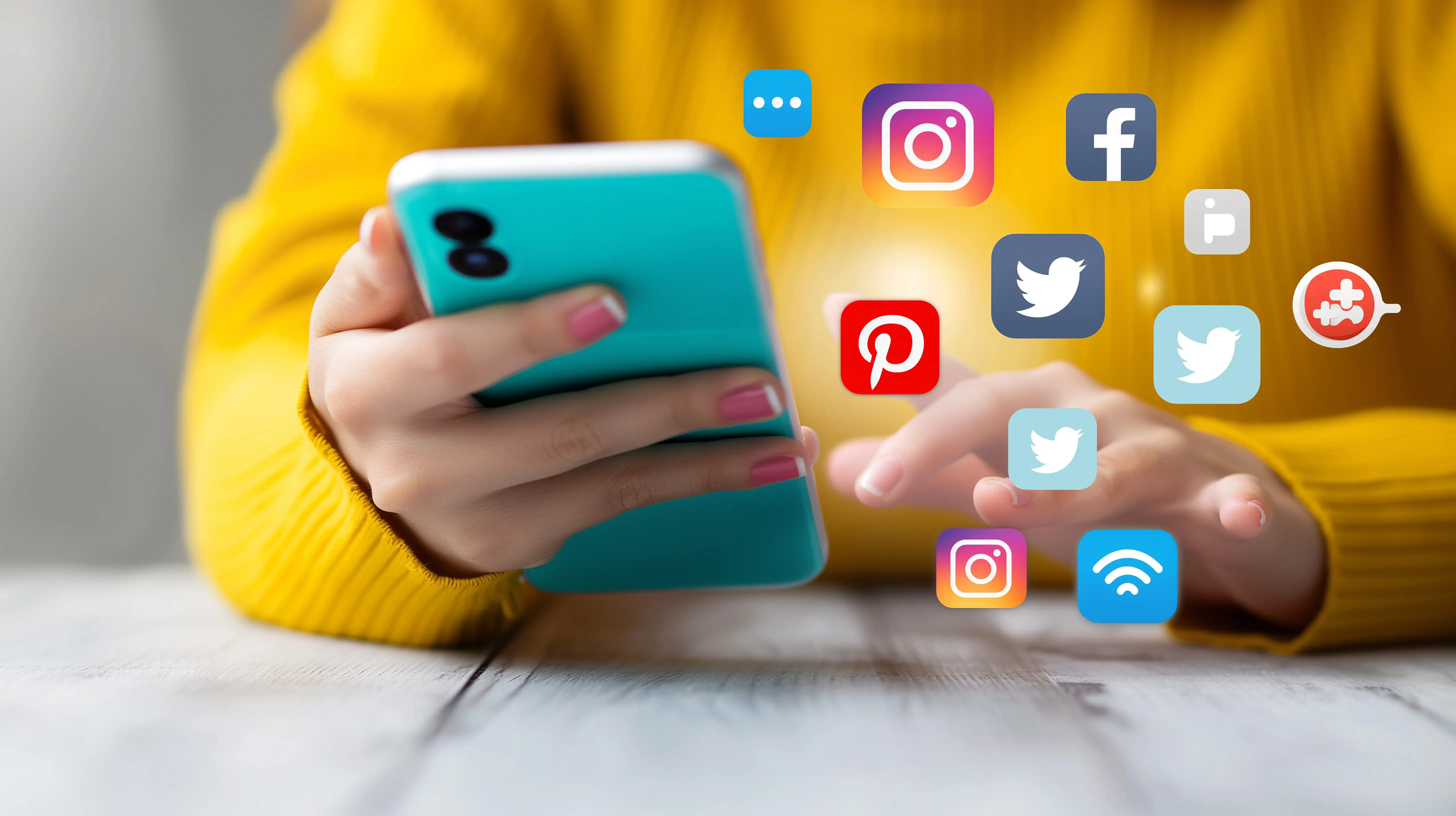 En la fotografía, celular rodeado de íconos flotantes de redes sociales, simbolizando que en la actualidad puedes acceder a múltiples aplicaciones desde un mismo dispositivo.