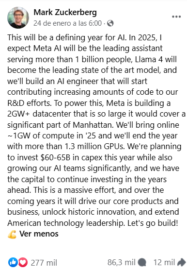 Screenshot de la publicación de Mark Zuckerberg en Meta.