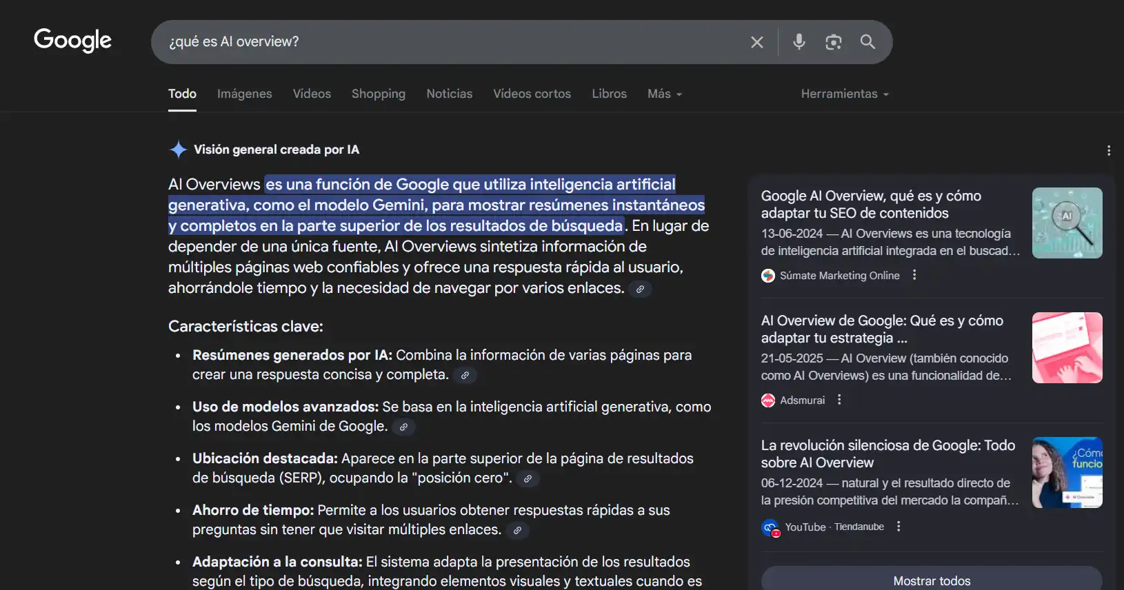 Captura de búsqueda en Google sobre "¿Qué es AI overview?", con la respectiva respuesta generada por Gemini (IA de Google) citando algunas páginas con la respuesta.