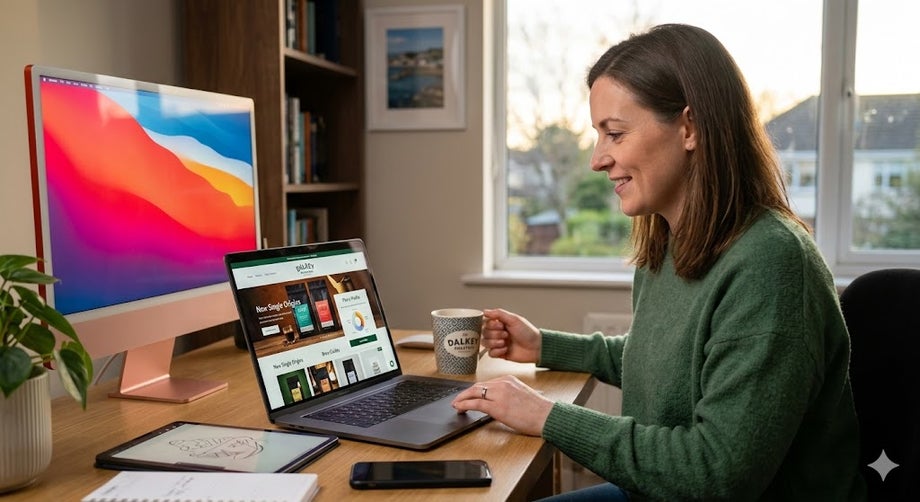 Woman sitting at a desk looking at a laptop with a cup in one hand.