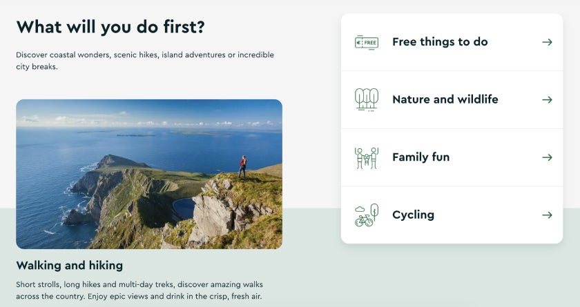 Screenshot from the DiscoverIreland website showing limited text and clear icons 