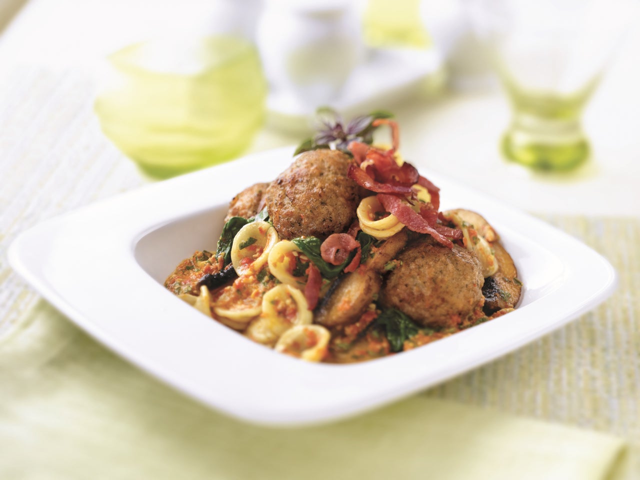 Meatballs with Orecchiette Pasta and Red Pepper Pesto