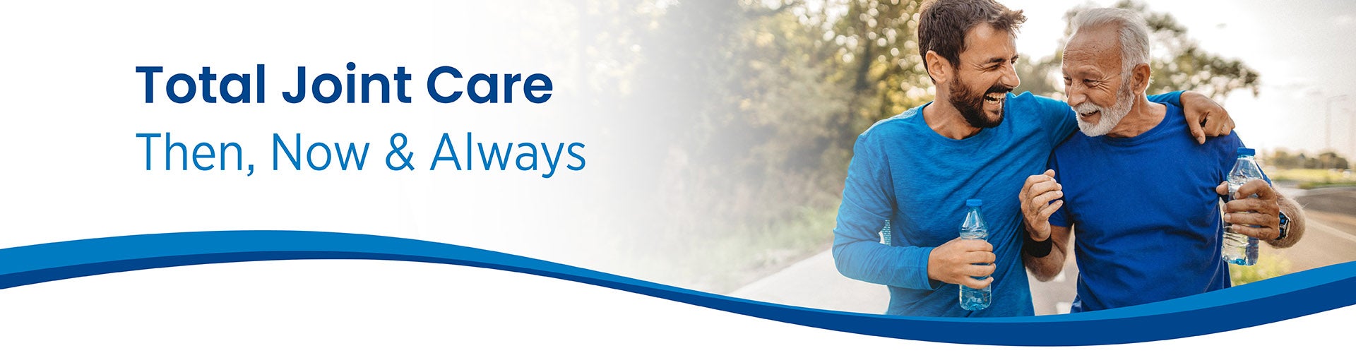 Banner image of woman playing tennis and text in image saying Total Joint Care, Then, Now and Always.
