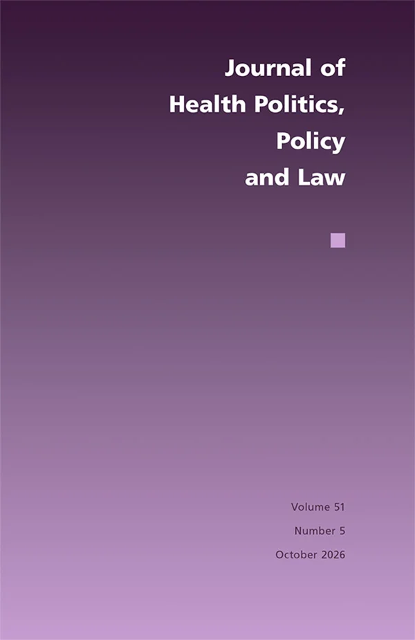 Journal cover with a purple gradient background featuring the title Journal of Health Politics Policy and Law and issue details