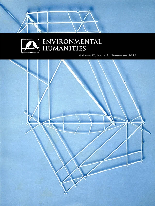 Blue background with geometric structure made of white sticks and black banner reading Environmental Humanities Volume 17 Issue 3 November 2025
