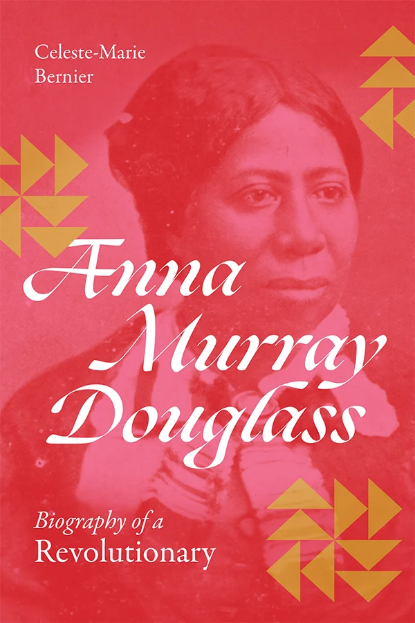 Cover is a photograph of Anna Murray Douglass as a duotone in pink and red. There are three squares made of transparent gold triangle patterns overlayed.