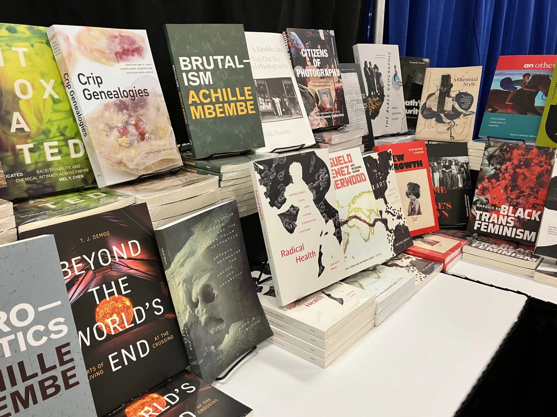 Duke University Press books displayed on an exhibit table.  
