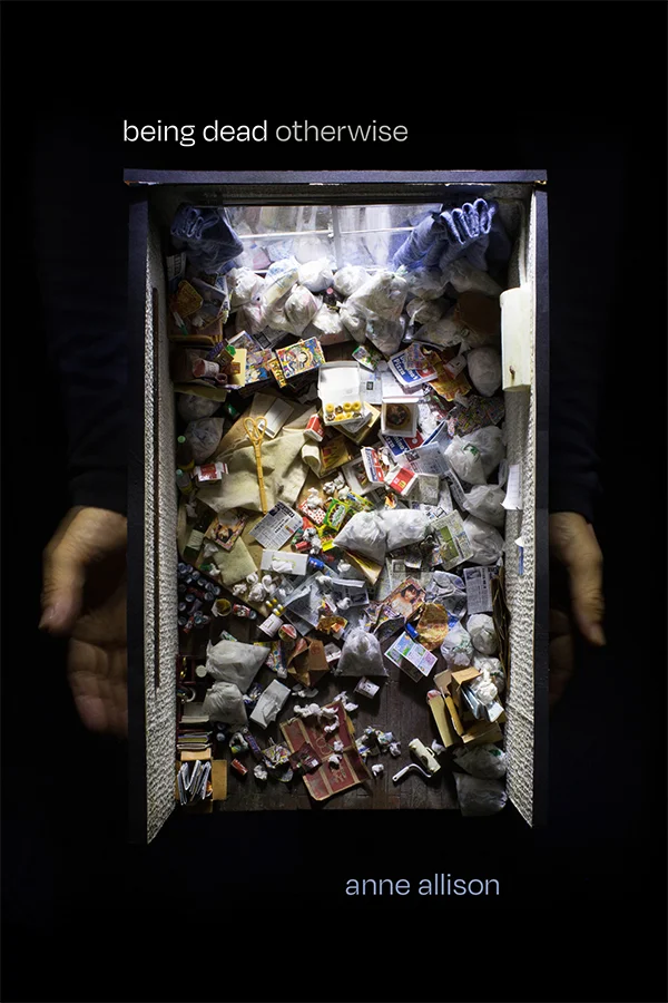 Cover of Being Dead Otherwise by Anne Allison. Cover is black, and at its center is an aerial view into a room filled with garbage, with sunlight coming in from a window with open curtains at the top end of the room. The room is being cradled by two disembodied hands.
