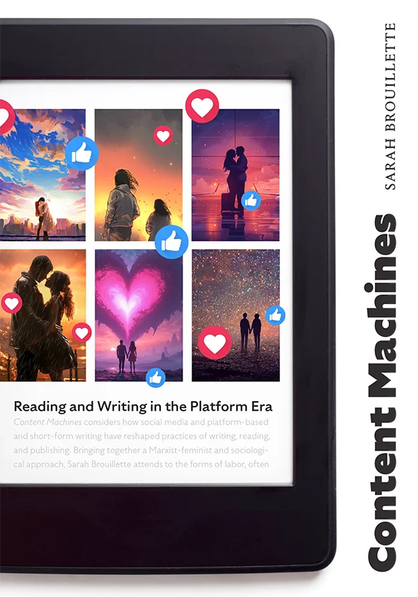 Cover of Content Machines is white with a tablet featuring six colorful digitally drawn images of romance book covers. There are blue thumbs ups and red hearts covering the images.