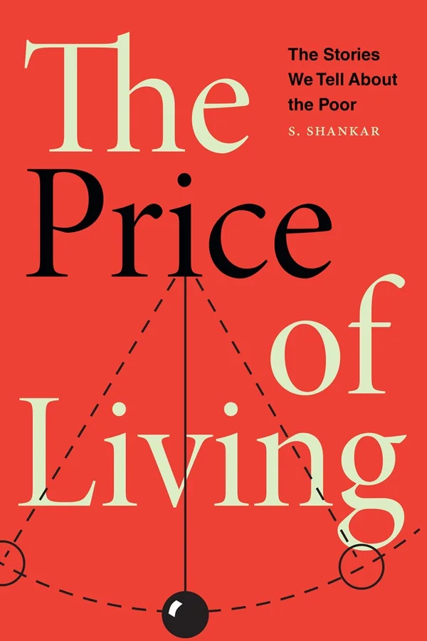 Cover of The Price of Living. The cover has a red background with the title in large, black and cream serif font. A geometric pendulum emerges from the word "Price."