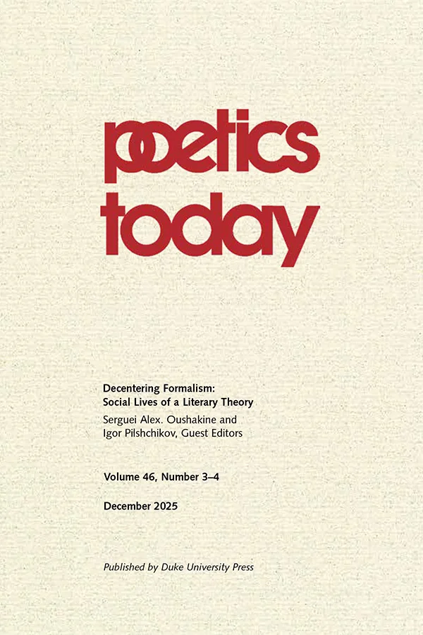 Beige cover with large red poetics today title and text listing issue theme editors and publication details.