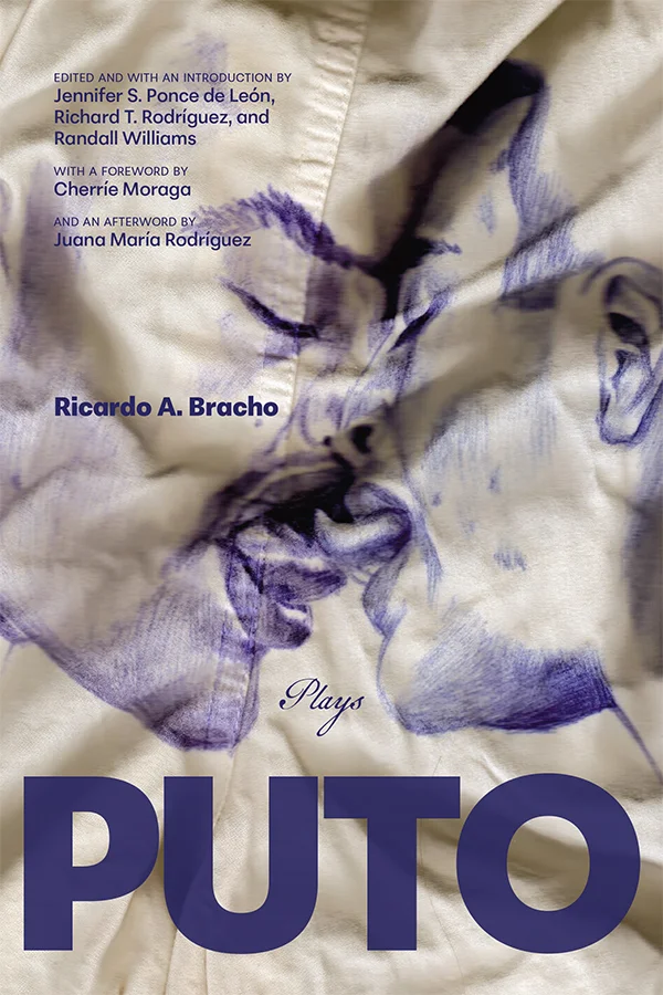 Cover of Puto: Plays features white fabric with two faces sketched on it in navy blue. The two faces have their eyes closed, noses touching, and tongues entangled as they kiss open mouthed.